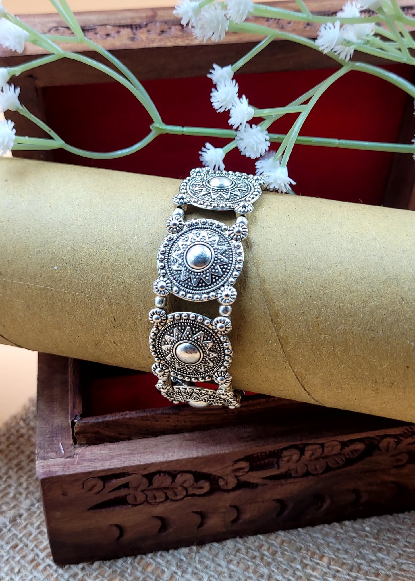 Filigree Work Silver Oxidized Tribal Floral Bracelet