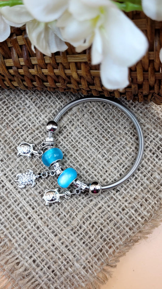 Turtle Silver Oxidized Charm Bracelet