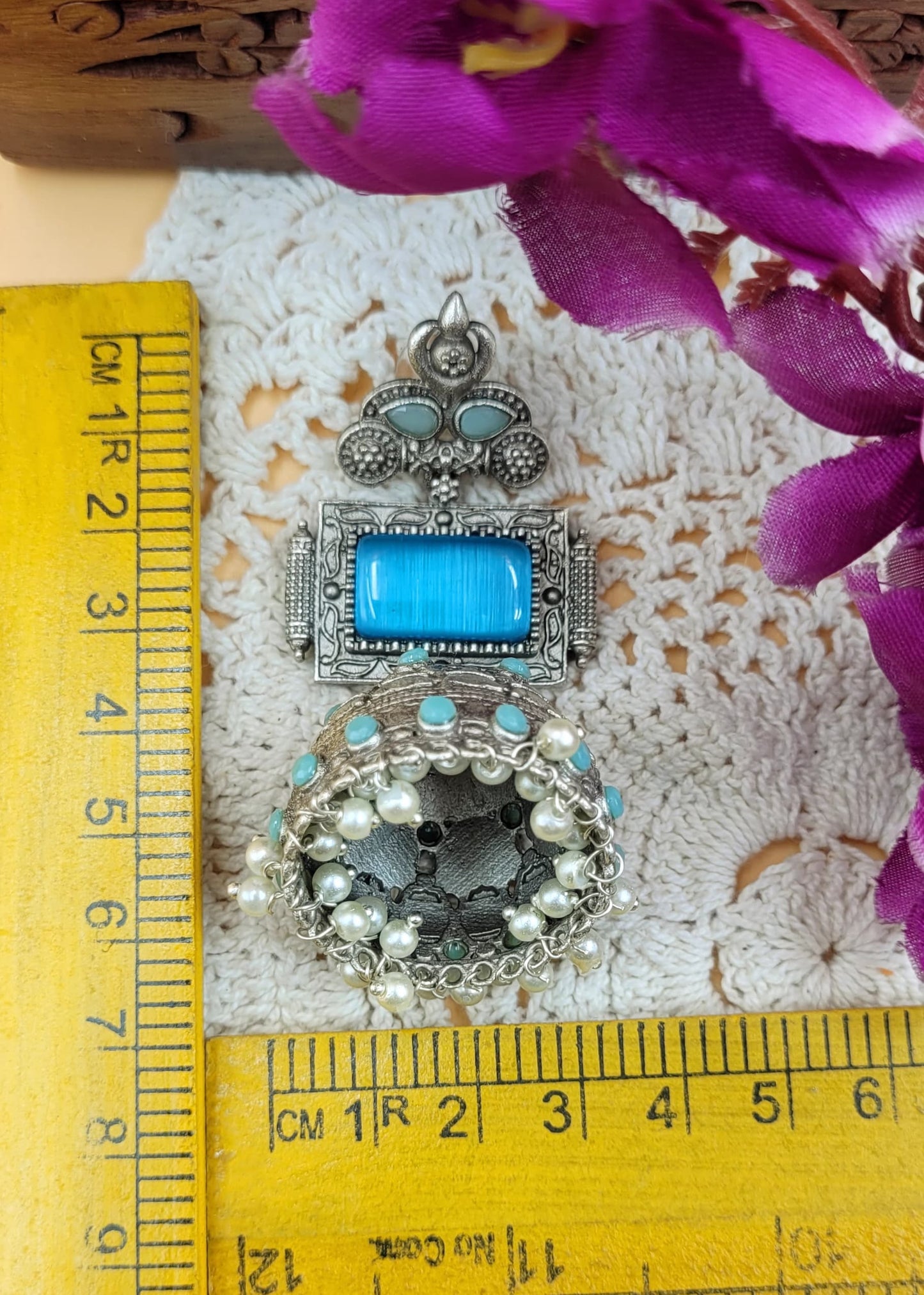 Brass Premium Jumbo Jhumka With Blue Monalisa Stones