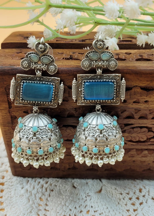 Brass Premium Jumbo Jhumka With Blue Monalisa Stones