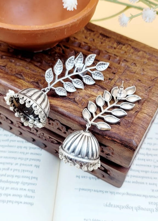 Brass Premium Silver Plated Leafy Jhumki Earrings