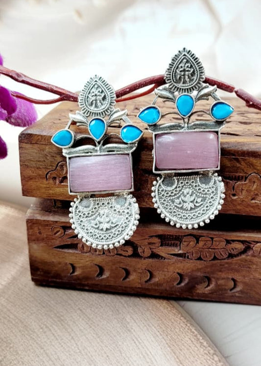 Handcrafted Brass Base Silver Oxidised Earrings with Light Pink and Blue Monalisa Stone.