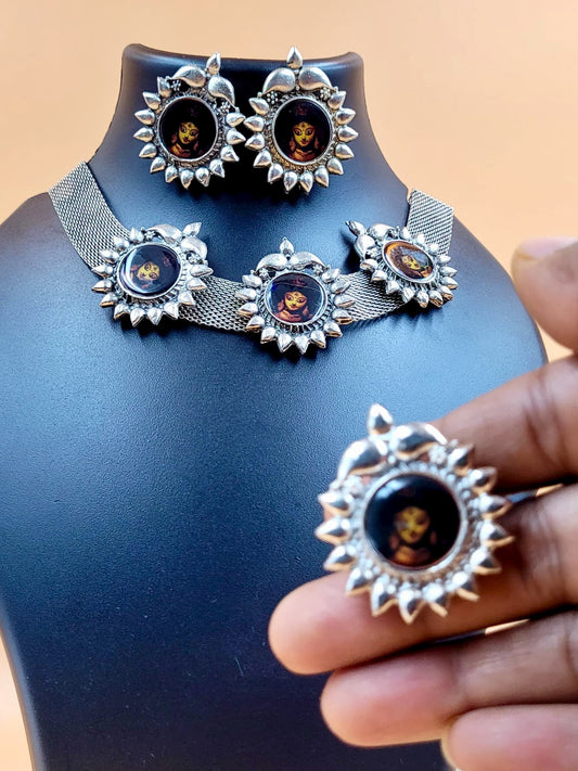 Durga Image Silver Oxidized Choker Set with Earrings and Finger Ring.
