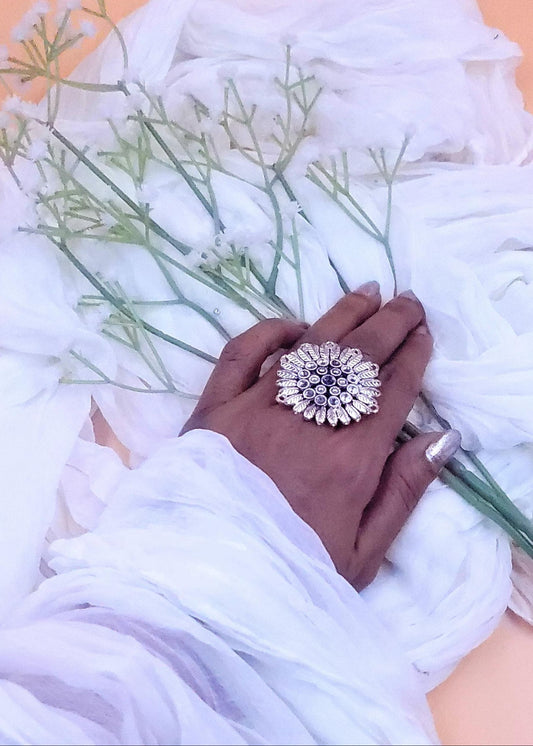 Adjustable Silver Oxidized Floral Finger Ring