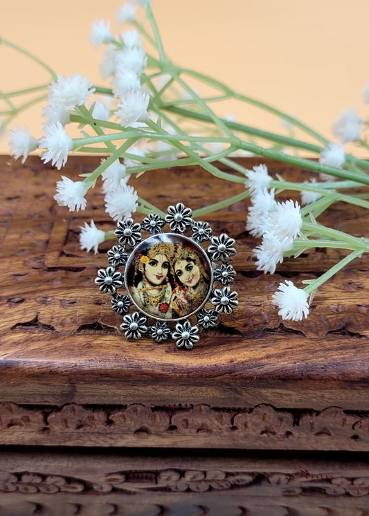 Adjustable Radha Krishna Oxidised Ring
