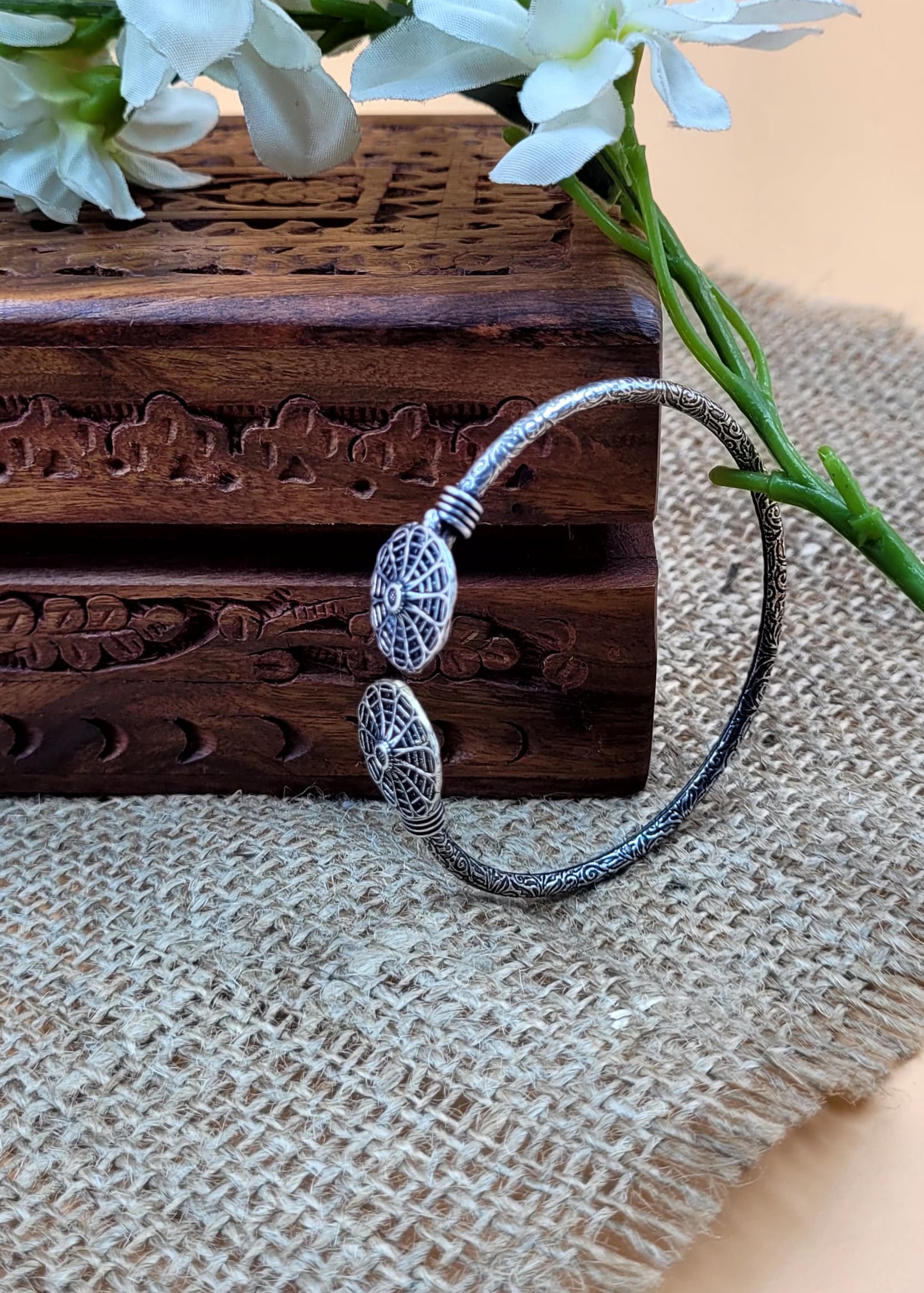 Web Floral Silver Oxidized Slip On Cuff Bracelet