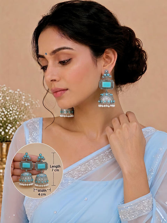 Brass Premium Jumbo Jhumka With Blue Monalisa Stones