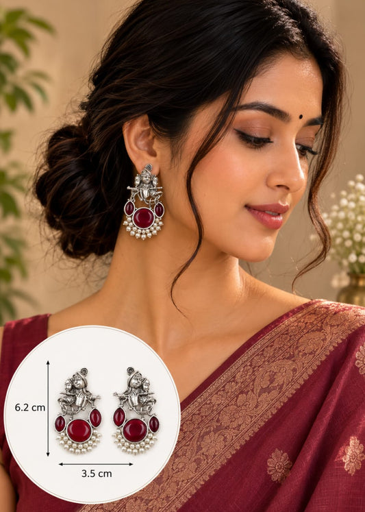 Divine Harmony Radha Krishna Red Monalisa Stone Earring