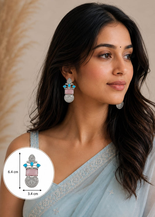 Handcrafted Brass Base Silver Oxidised Earrings with Light Pink and Blue Monalisa Stone.
