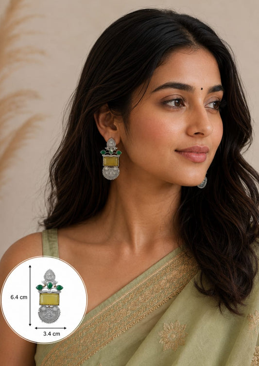 Handcrafted Silver Look Earrings with Yellow Green Monalisa Stone.