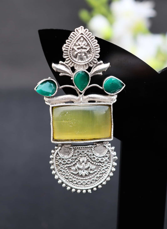 Handcrafted Silver Look Earrings with Yellow Green Monalisa Stone.