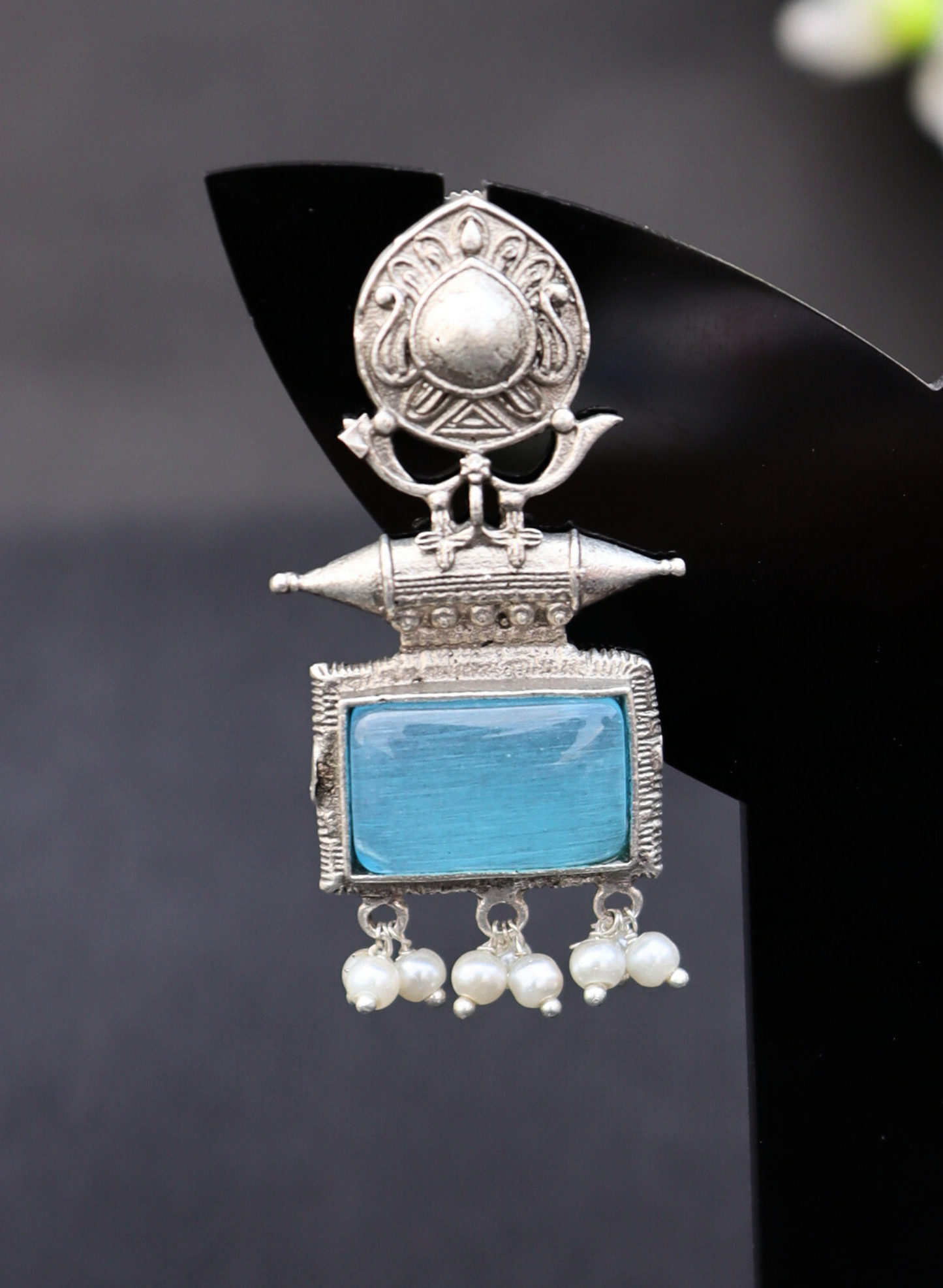 Bansuri Brass Oxidised Silver with Sky Blues Monalisa Stone