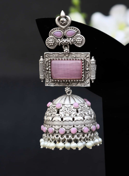 Brass Jumbo Jhumka With Pink Monalisa Stones