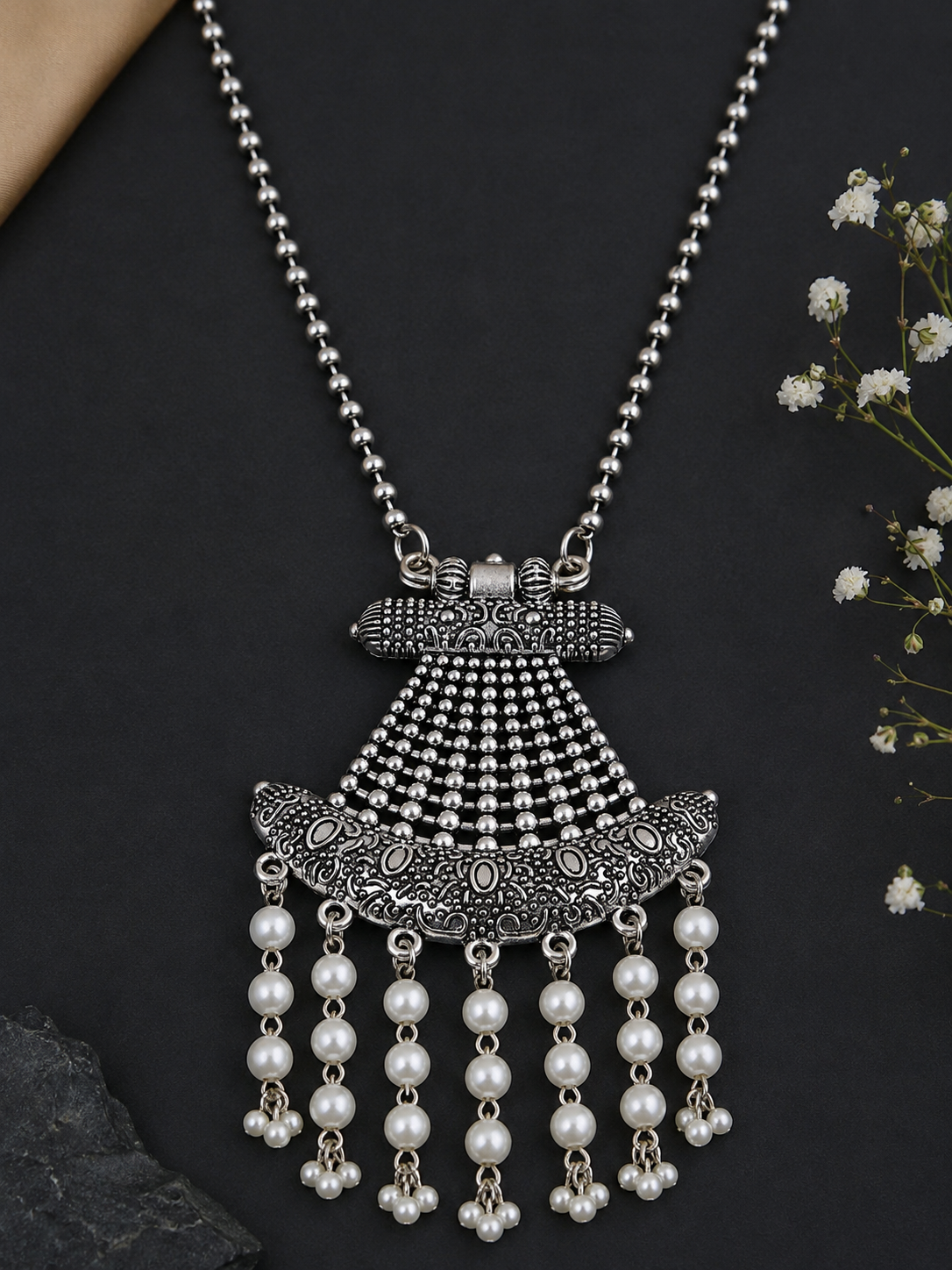 Silver Oxidized Long Beaded Necklace