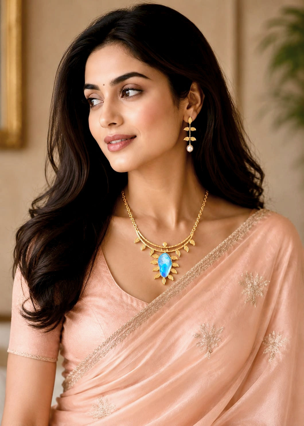 Leaf Designed Hasli Style Handmade Golden Brass Necklace Set with Raw Blue Stone
