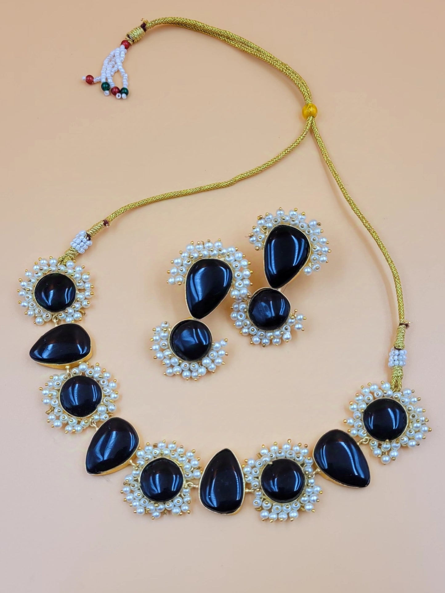 Gold Plated Black Stone Studded and Beaded Necklace Sets