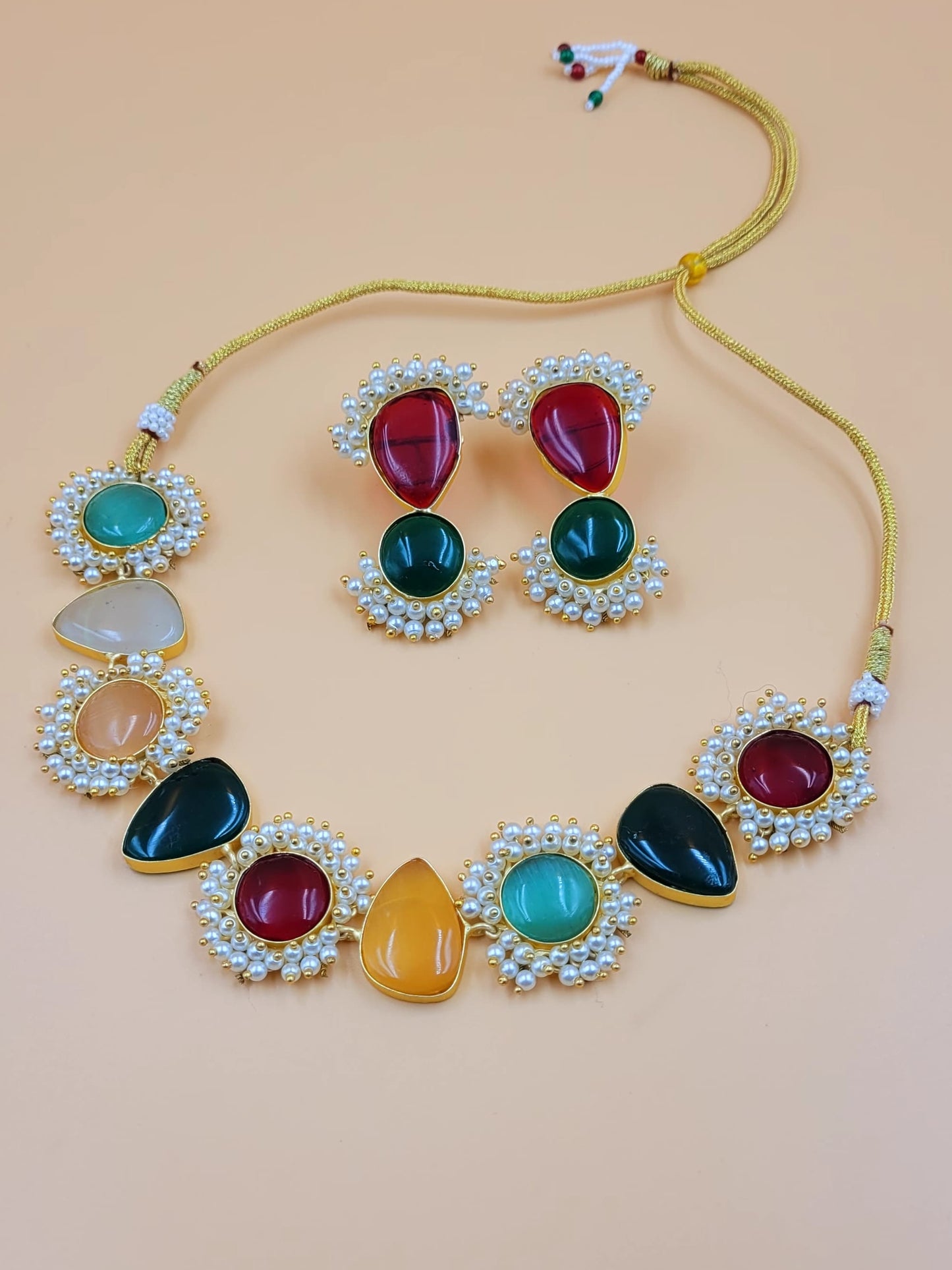 Gold Plated Stone Studded and Beaded Necklace Set.