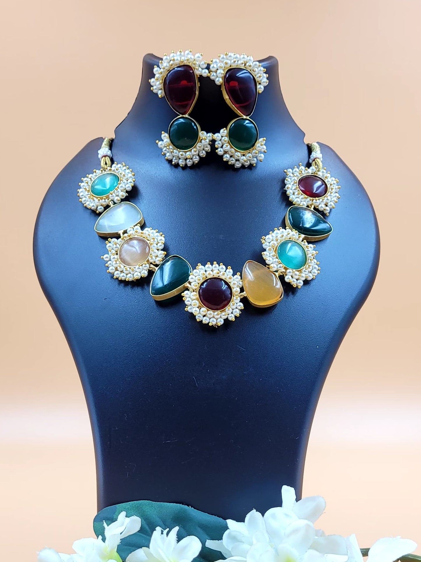 Gold Plated Stone Studded and Beaded Necklace Set.
