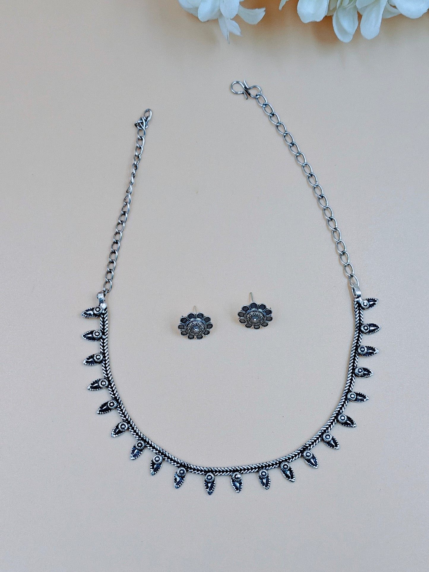 Sleek Silver oxidized Necklace with Earrings