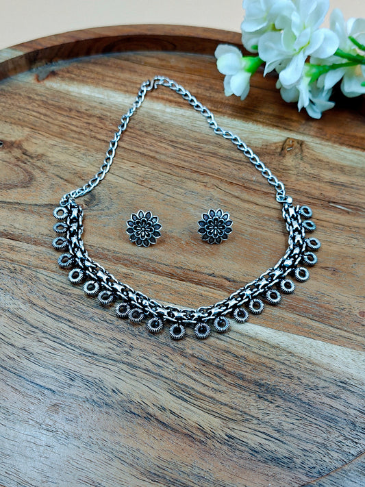Silver Oxidized Sleek Loop Design Light Weight Necklace with Small Tops.