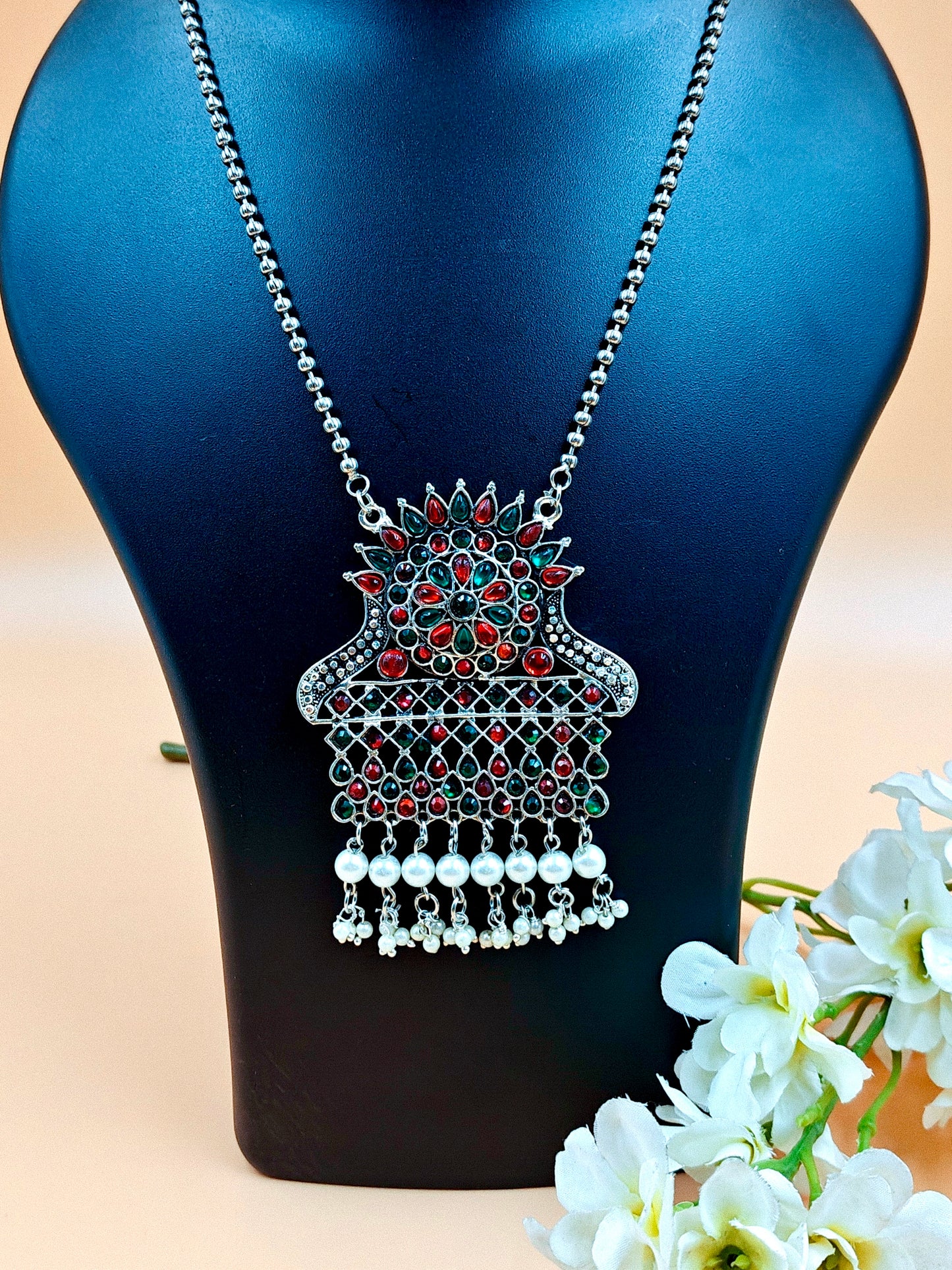 Boho Design Silver Oxidized Beaded Long Chain Pendant