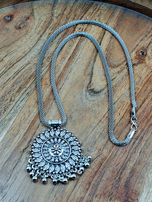 Silver Oxidized Floral Light Weight Small Pendant Chain with Ghungroo