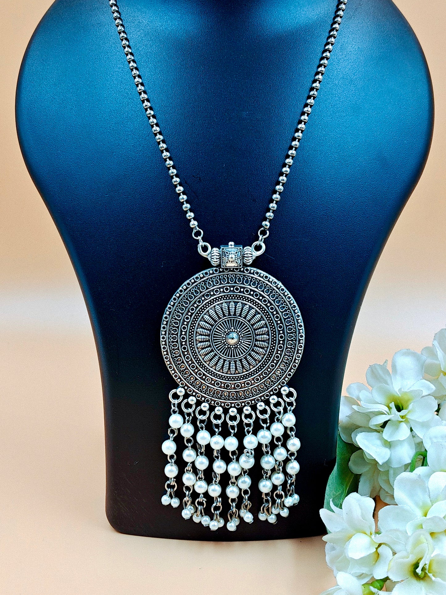 Bajri Silver Oxidized Long Beaded Chain Laced with Hanging Beads.
