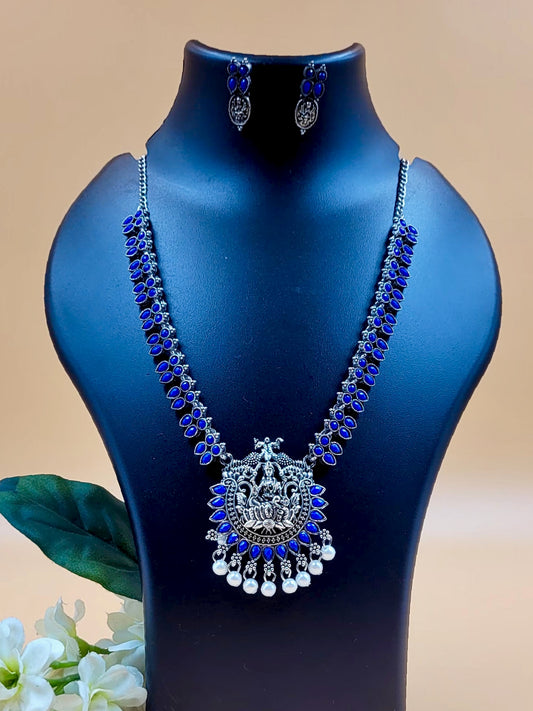 Godess Laxmi Embedded with Blue Artificial Stone with White Moti Laced Necklace with Small Tops