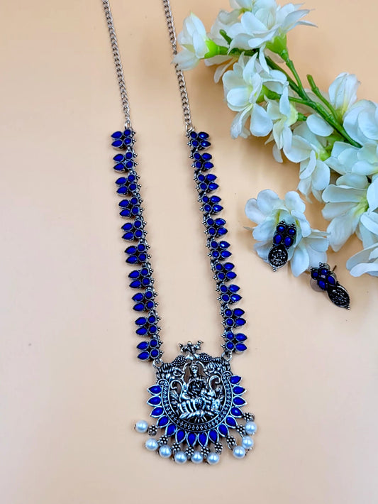 Godess Laxmi Embedded with Blue Artificial Stone with White Moti Laced Necklace with Small Tops