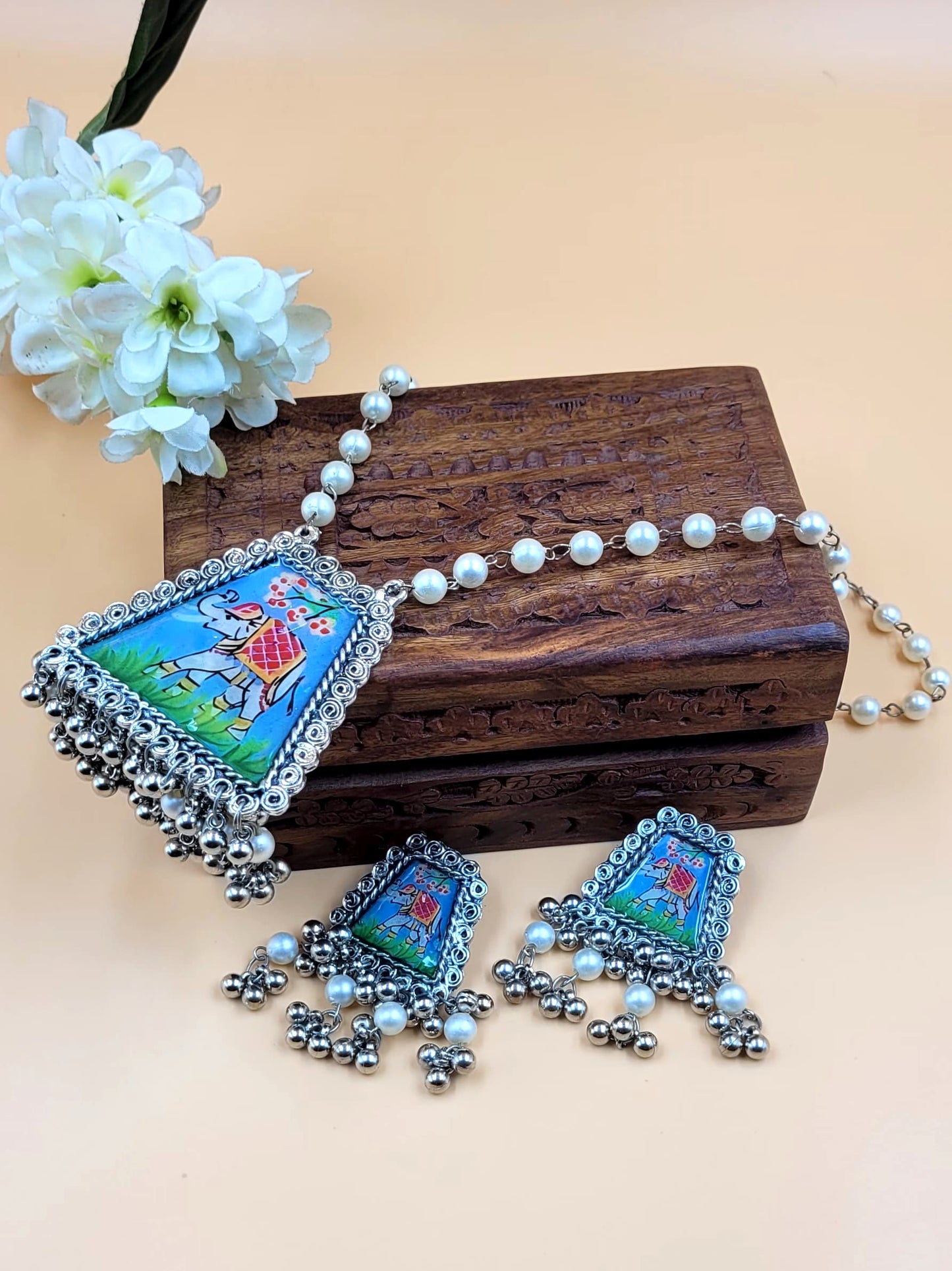 Elephant Hand Printed Beaded Necklace Set