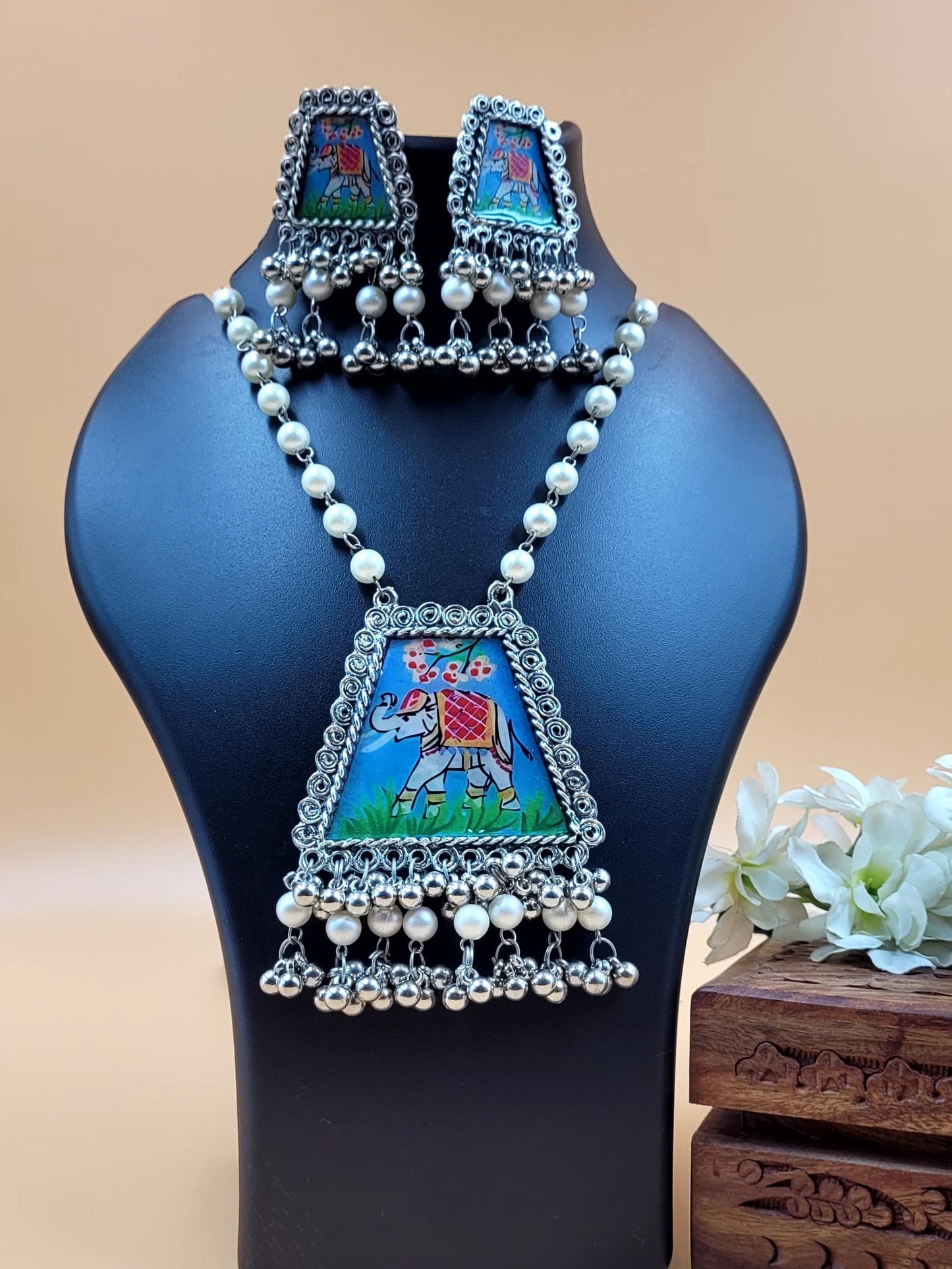 Elephant Hand Printed Beaded Necklace Set