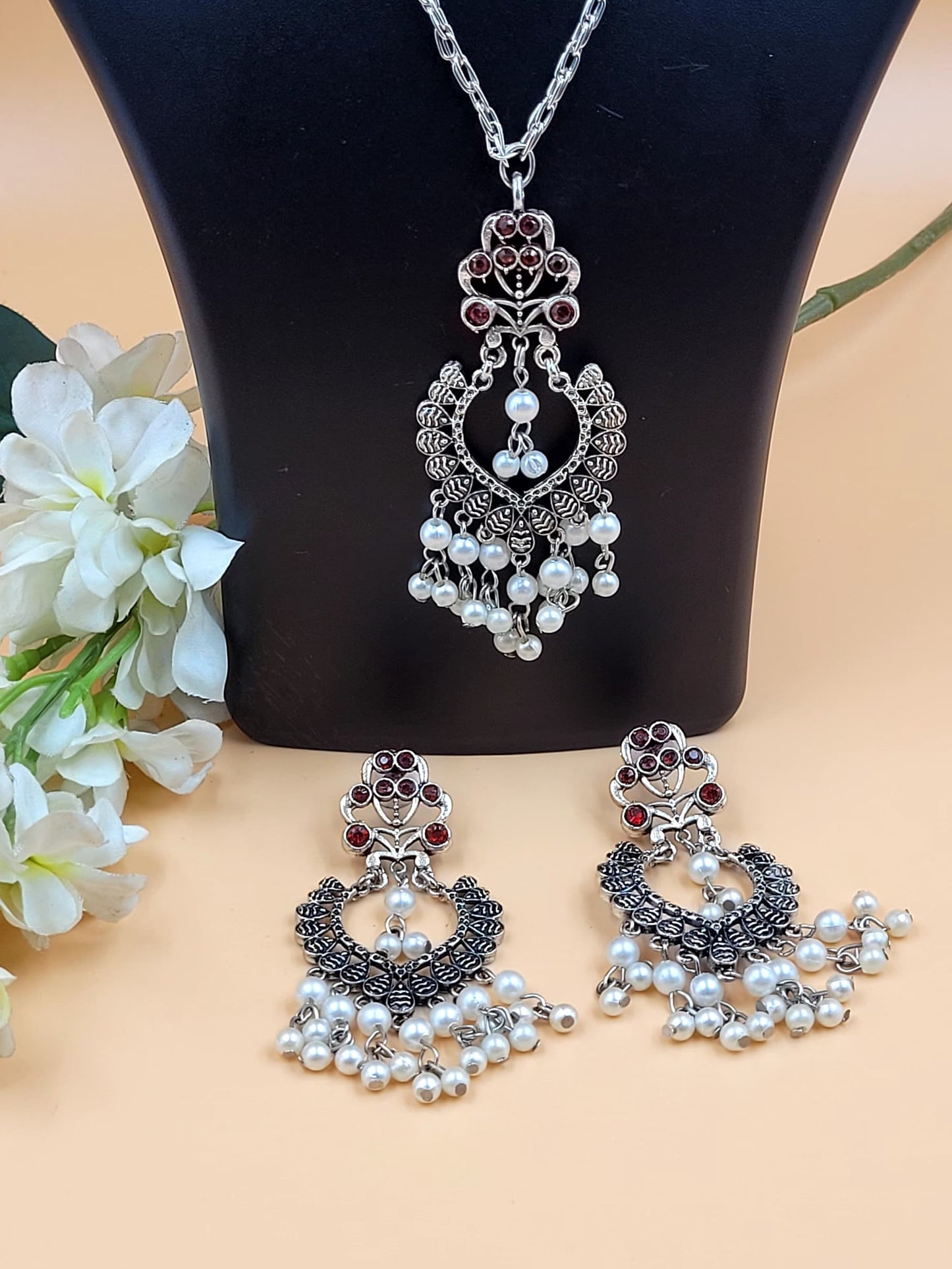 Red Stone Studded and Beaded Oxidized Long Pendant Set