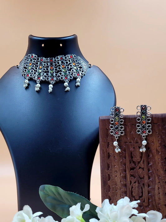 Silver oxidized multicolored  stone studded afghani style choker set