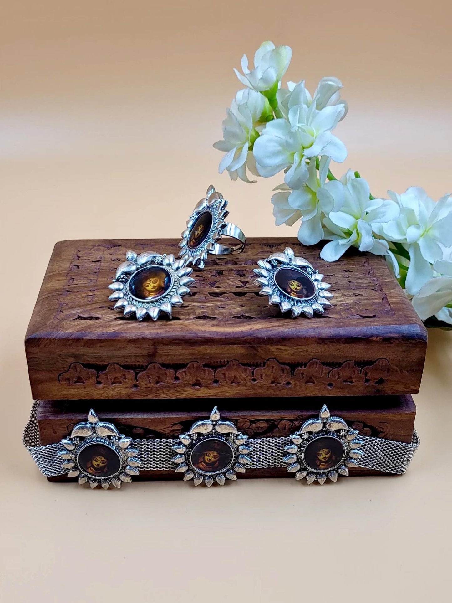 Durga Image Silver Oxidized Choker Set with Earrings and Finger Ring.