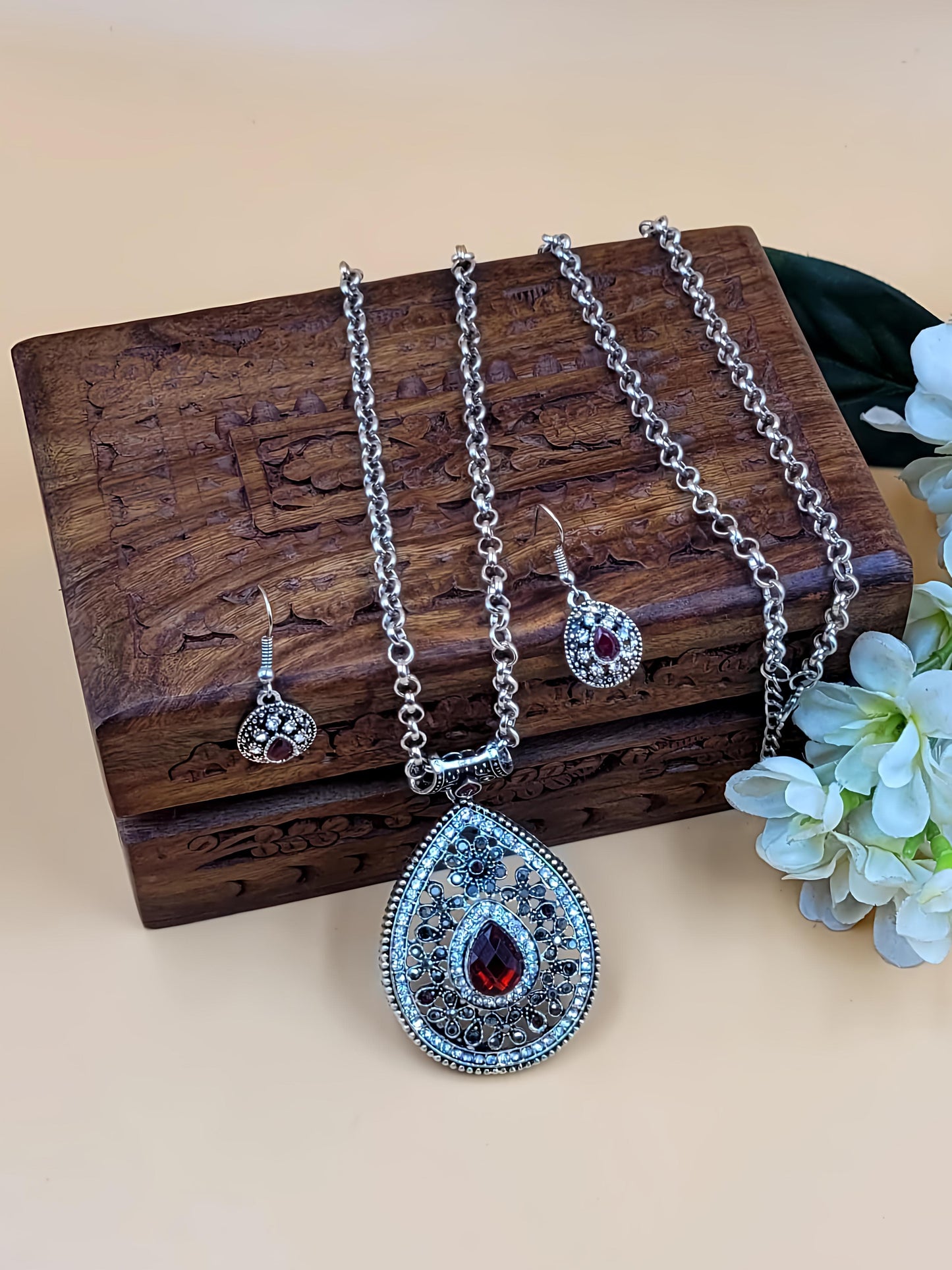 Red Pear Shaped Stone with Crystal alike Stone Layered Long Chain with Drop Stone Earrings