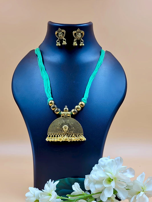 Oxidized Gold Toned Green Thread Choker Necklace Set.