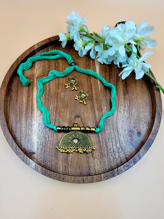 Oxidized Gold Toned Green Thread Choker Necklace Set.