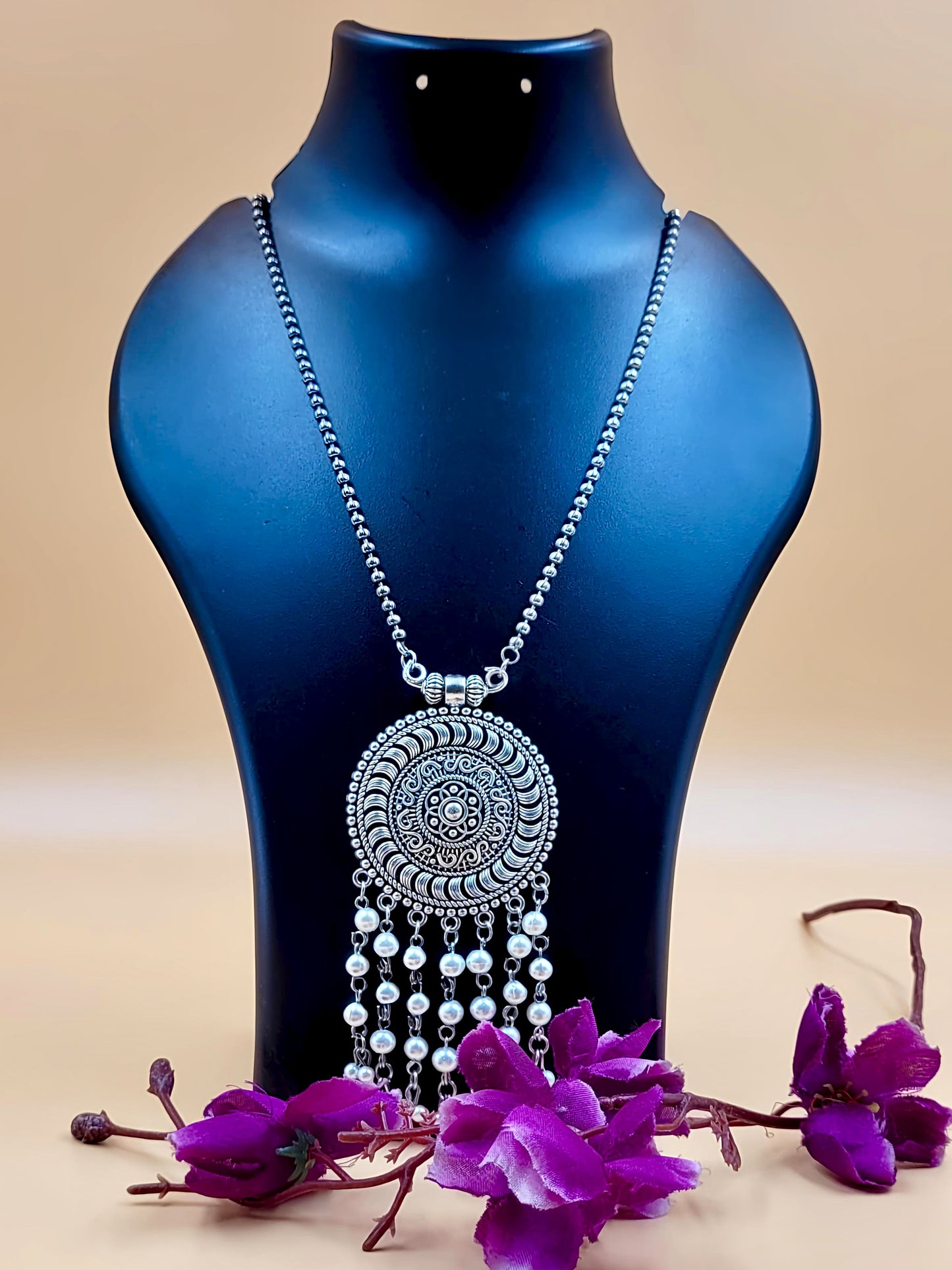 Ethnic Silver Oxidized Long Beaded Pendant Laced with Hanging Beads.