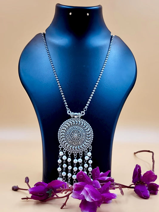 Ethnic Silver Oxidized Long Beaded Pendant Laced with Hanging Beads.