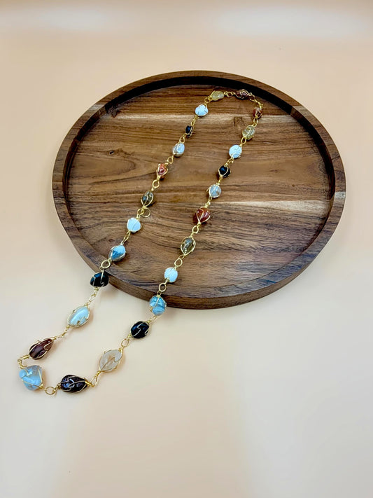 Stylish Multicolored  Golden- Wire Wrapped  Agate Stone Long Chain.