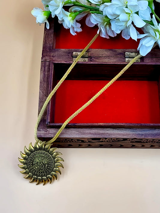 Oxidized Golden Tone Sunflower Design Light Weight Pendant Chain.