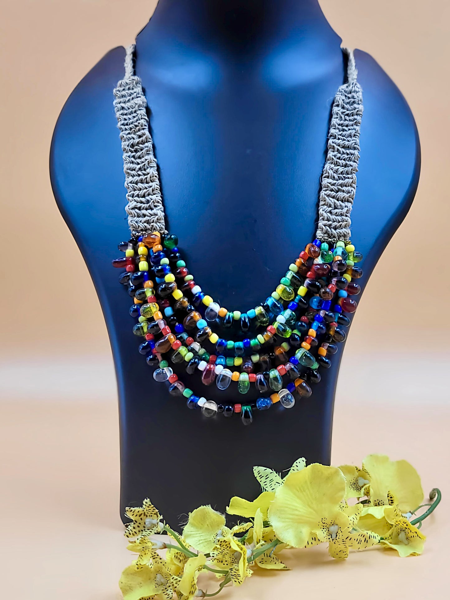 Stylish Handmade Multicolored Beaded Jute Necklace.