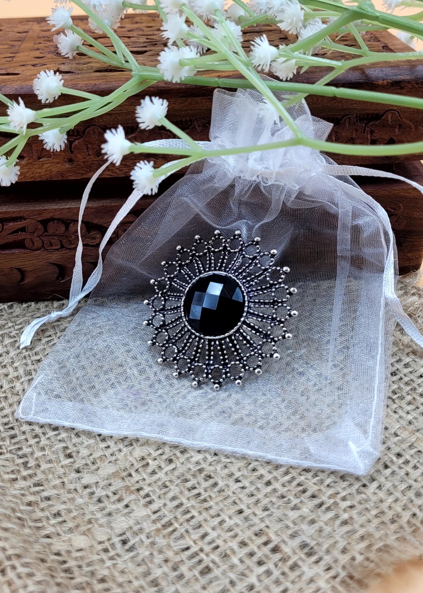 Adjustable Black Stone Oxidized Finger Ring