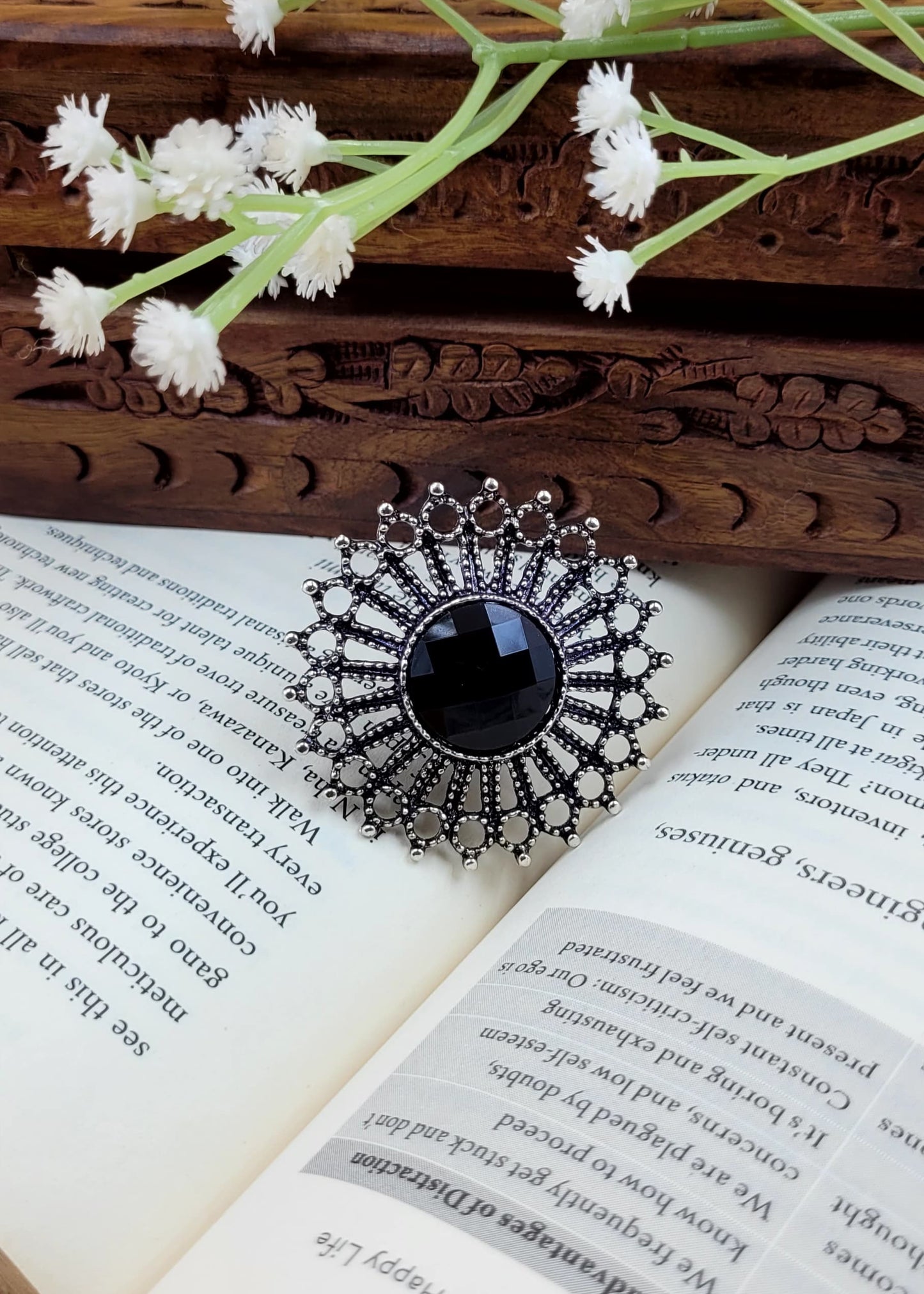 Adjustable Black Stone Oxidized Finger Ring