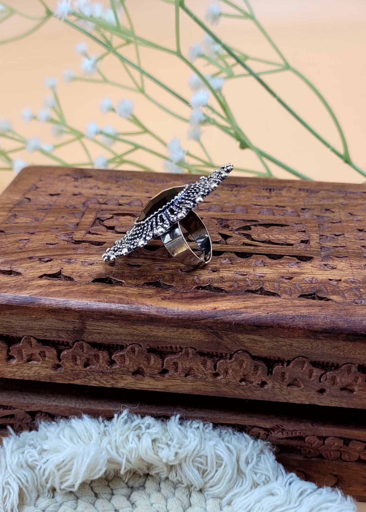 Adjustable Black Stone Oxidized Finger Ring