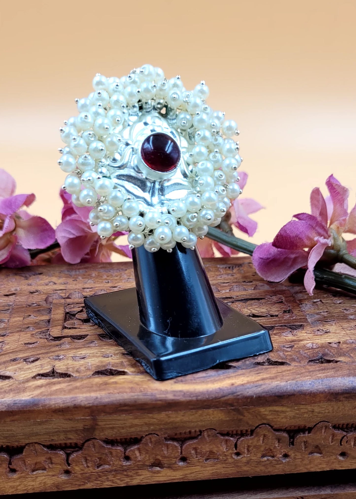 Adjustable Gajra Beads Laced Brass Ring