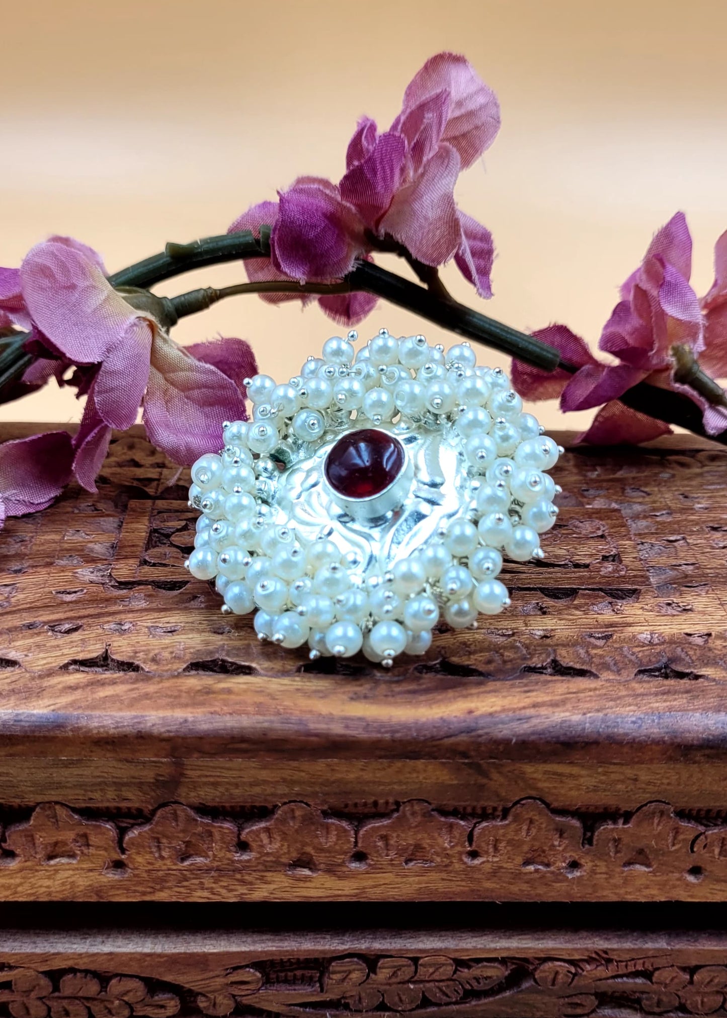 Adjustable Gajra Beads Laced Brass Ring