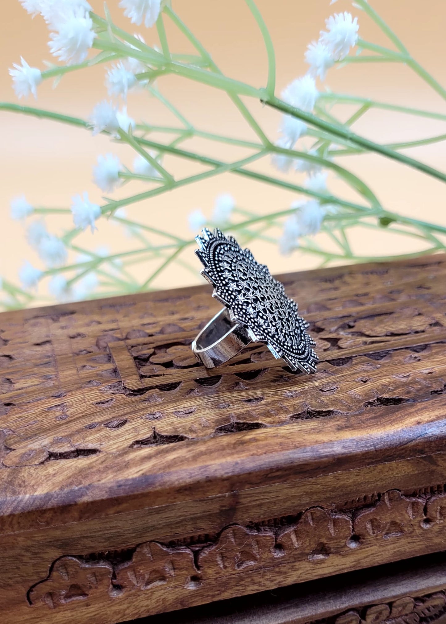 Adjustable Lotus Silver Oxidized Finger Ring