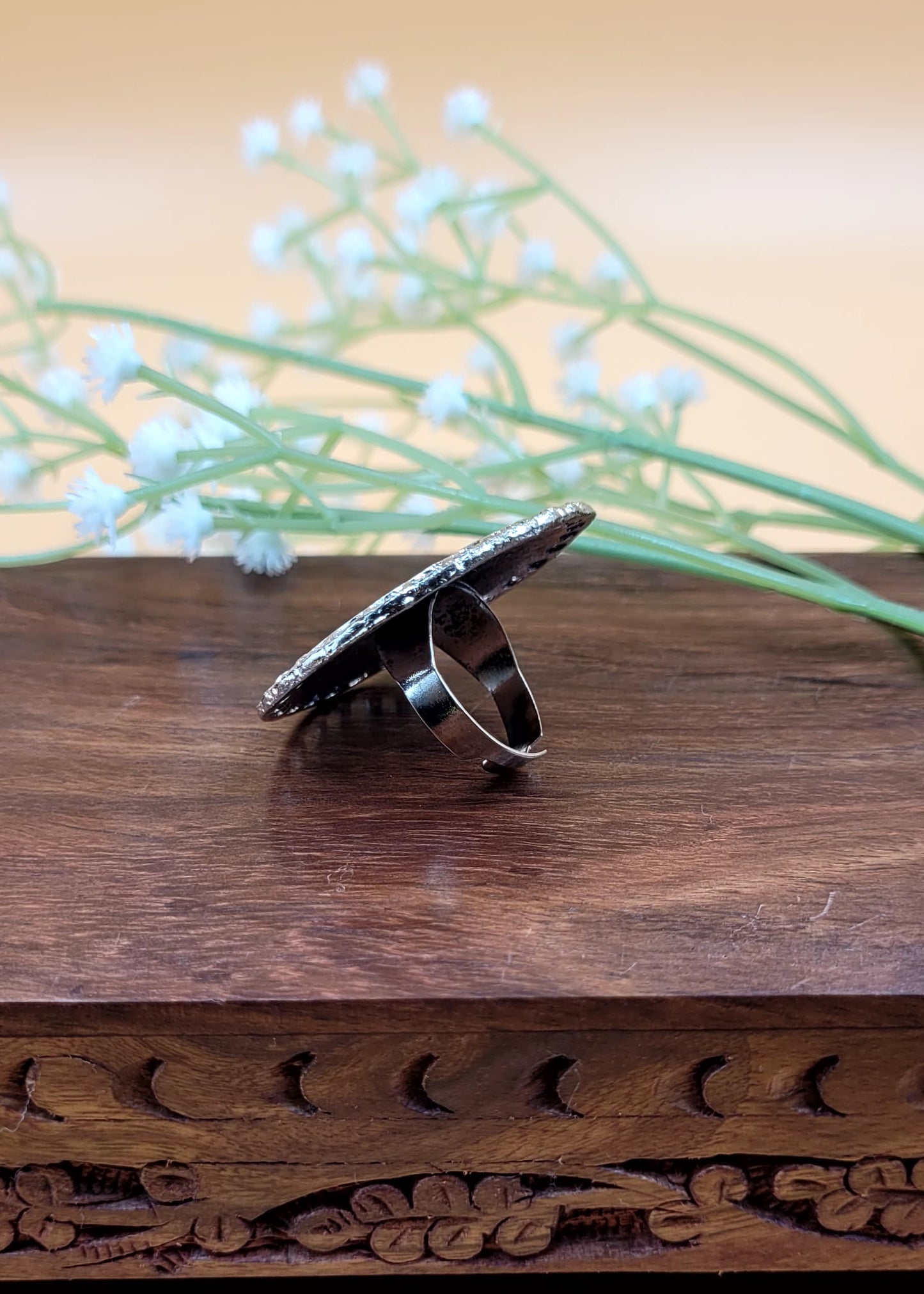 Adjustable Leafy Floral Oxidized Finger Ring