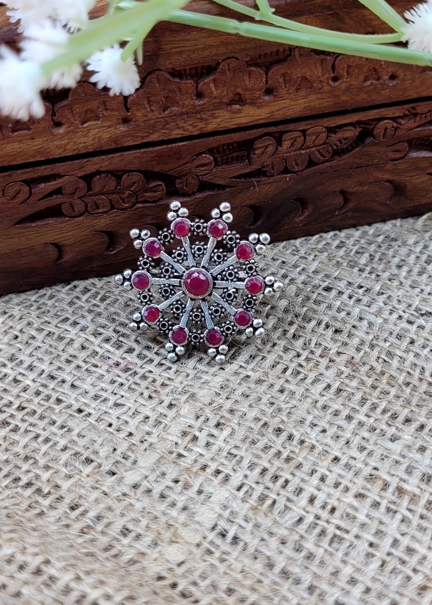 Adjustable Red Beaded Floral Oxidised Finger Ring